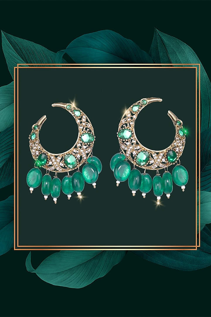 Gold Finish Kundan Polki & Emerald Green Stone Stud Earrings by Nayaab by Sonia at Pernia's Pop Up Shop