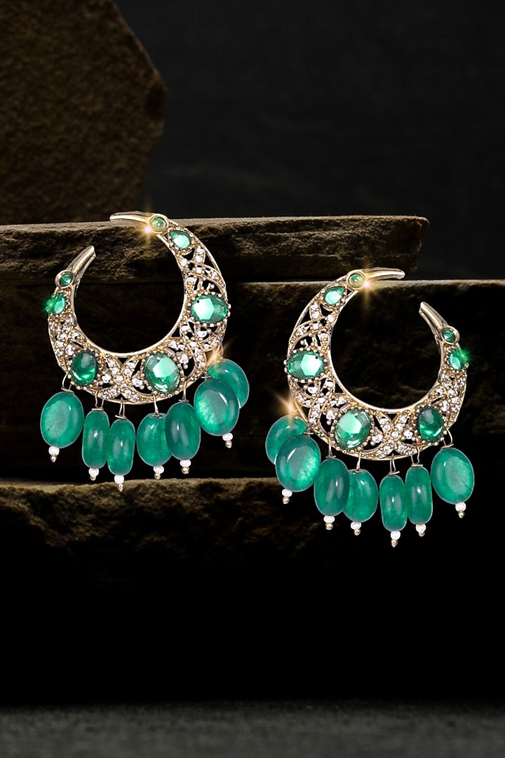 Gold Finish Kundan Polki & Emerald Green Stone Stud Earrings by Nayaab by Sonia at Pernia's Pop Up Shop