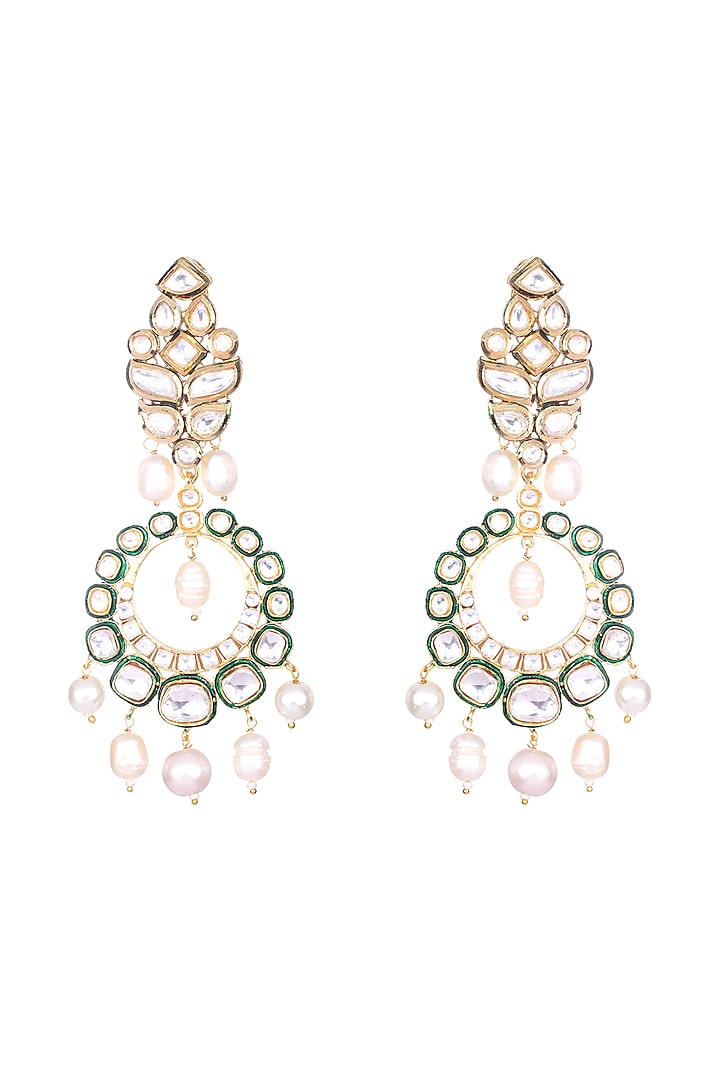 Gold Finish Kundan Polki & Green Rice Pearl Chandbali Earrings by Nayaab by Sonia at Pernia's Pop Up Shop