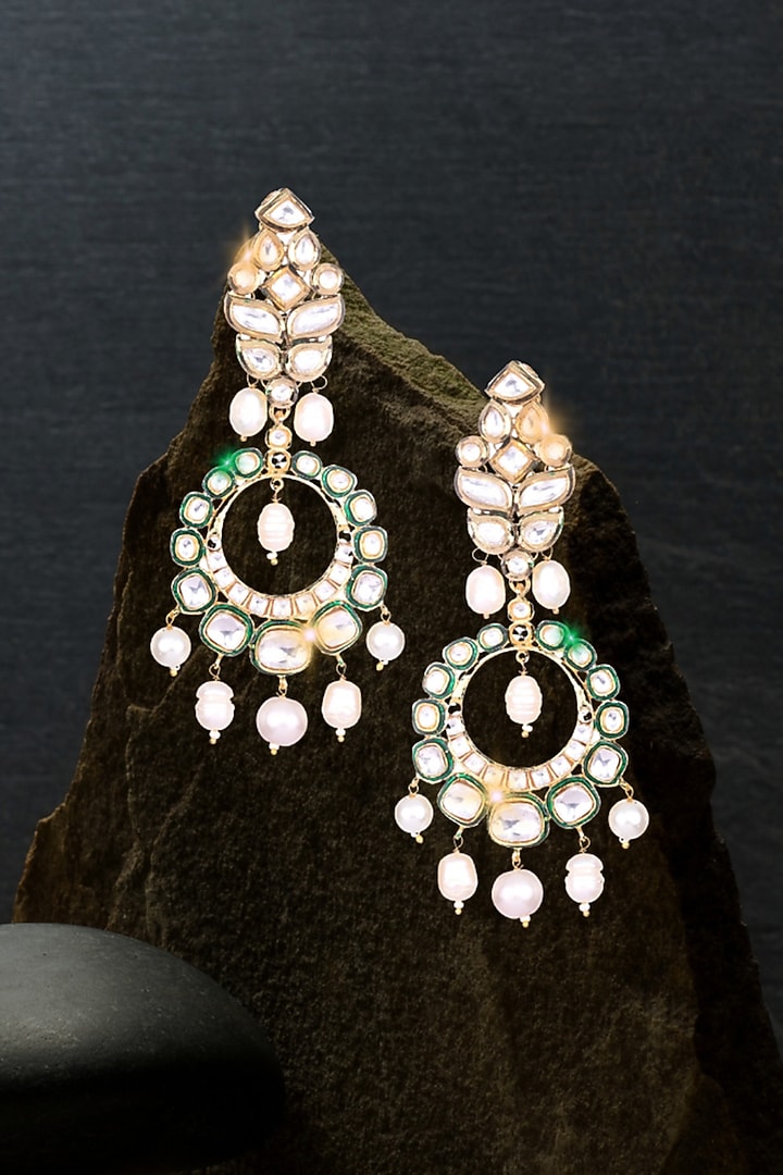 Gold Finish Kundan Polki & Green Rice Pearl Chandbali Earrings by Nayaab by Sonia at Pernia's Pop Up Shop