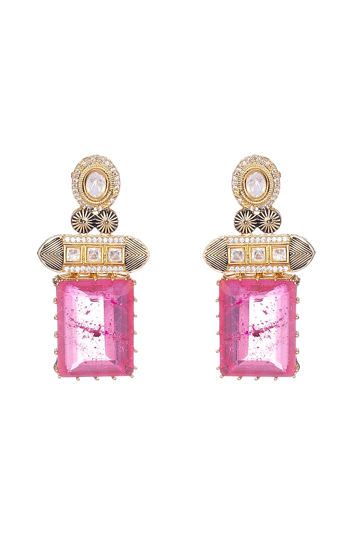 Gold Finish Kundan Polki & Pink Sapphire Stone Stud Earrings by Nayaab by Sonia at Pernia's Pop Up Shop