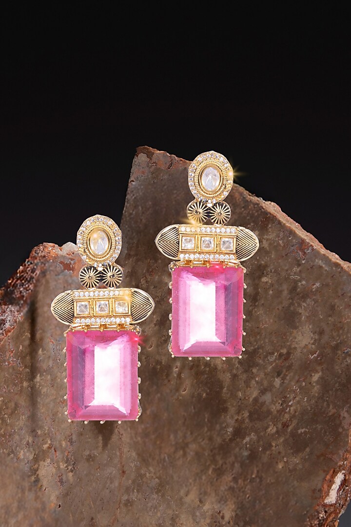 Gold Finish Kundan Polki & Pink Sapphire Stone Stud Earrings by Nayaab by Sonia at Pernia's Pop Up Shop