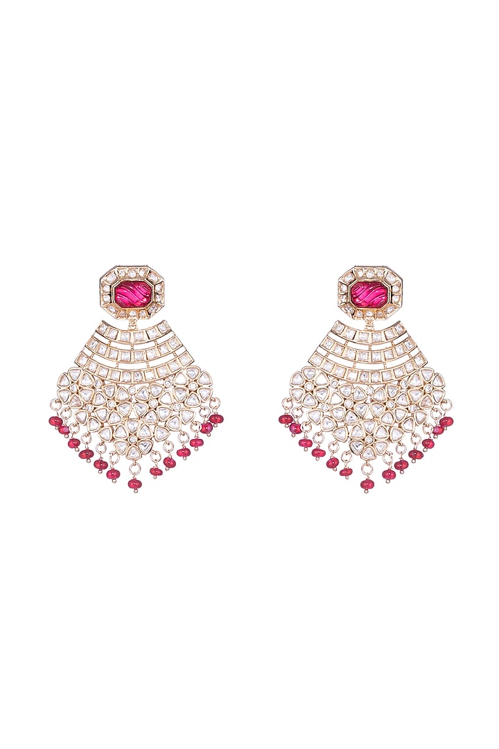 Gold Finish Kundan Polki & Red Semi-Precious Beaded Dangler Earrings by Nayaab by Sonia at Pernia's Pop Up Shop