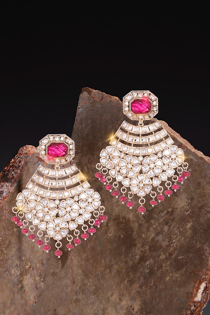 Gold Finish Kundan Polki & Red Semi-Precious Beaded Dangler Earrings by Nayaab by Sonia at Pernia's Pop Up Shop
