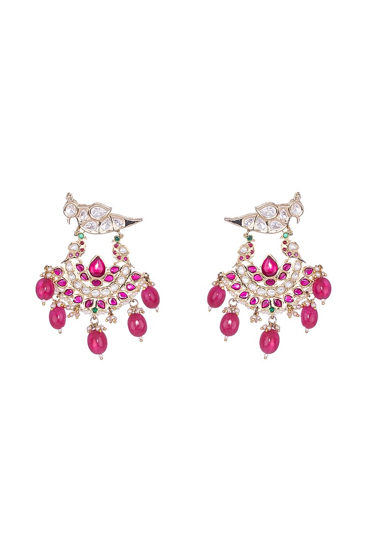 Gold Finish Kundan Polki & Red Semi-Precious Beaded Chandbali Earrings by Nayaab by Sonia at Pernia's Pop Up Shop