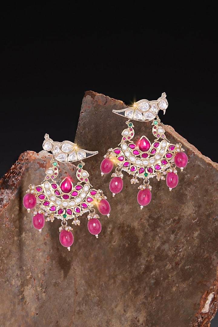 Gold Finish Kundan Polki & Red Semi-Precious Beaded Chandbali Earrings by Nayaab by Sonia at Pernia's Pop Up Shop