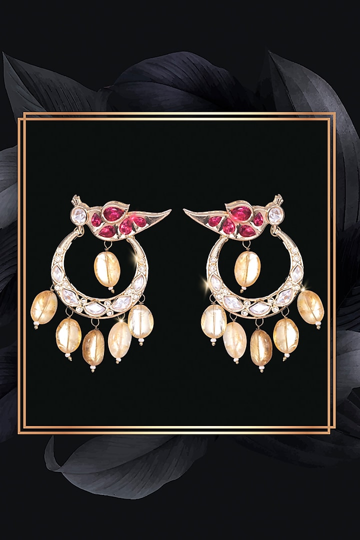 Gold Finish Kundan Polki & Red Pearl Enameled Chandbali Earrings by Nayaab by Sonia at Pernia's Pop Up Shop