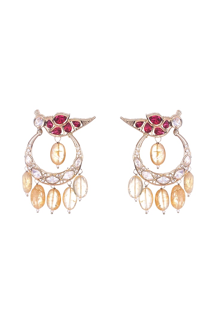 Gold Finish Kundan Polki & Red Pearl Enameled Chandbali Earrings by Nayaab by Sonia at Pernia's Pop Up Shop