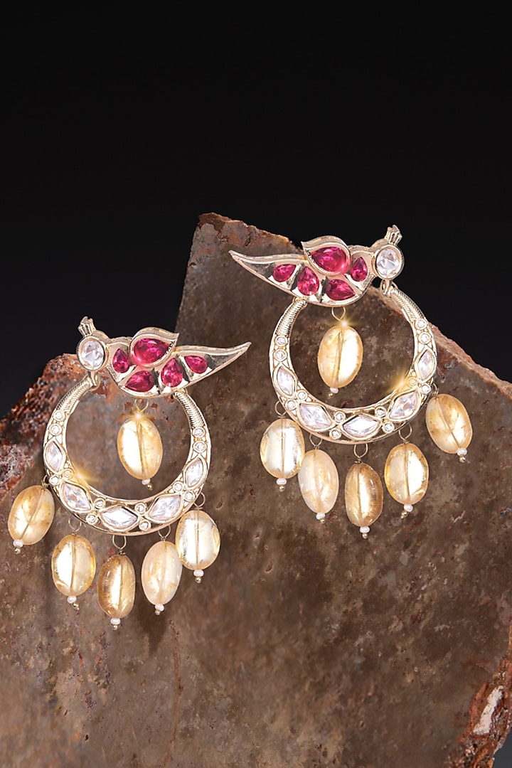Gold Finish Kundan Polki & Red Pearl Enameled Chandbali Earrings by Nayaab by Sonia at Pernia's Pop Up Shop