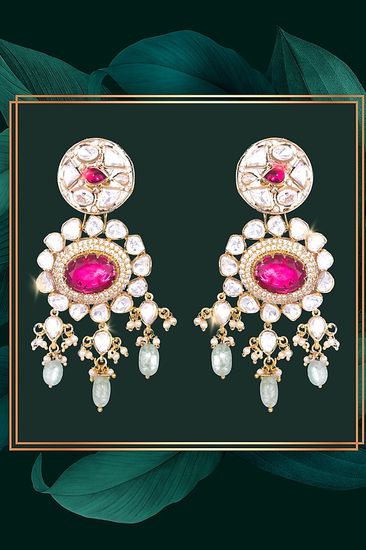 Gold Finish Kundan Polki & Red Semi-Precious Stone Dangler Earrings by Nayaab by Sonia at Pernia's Pop Up Shop