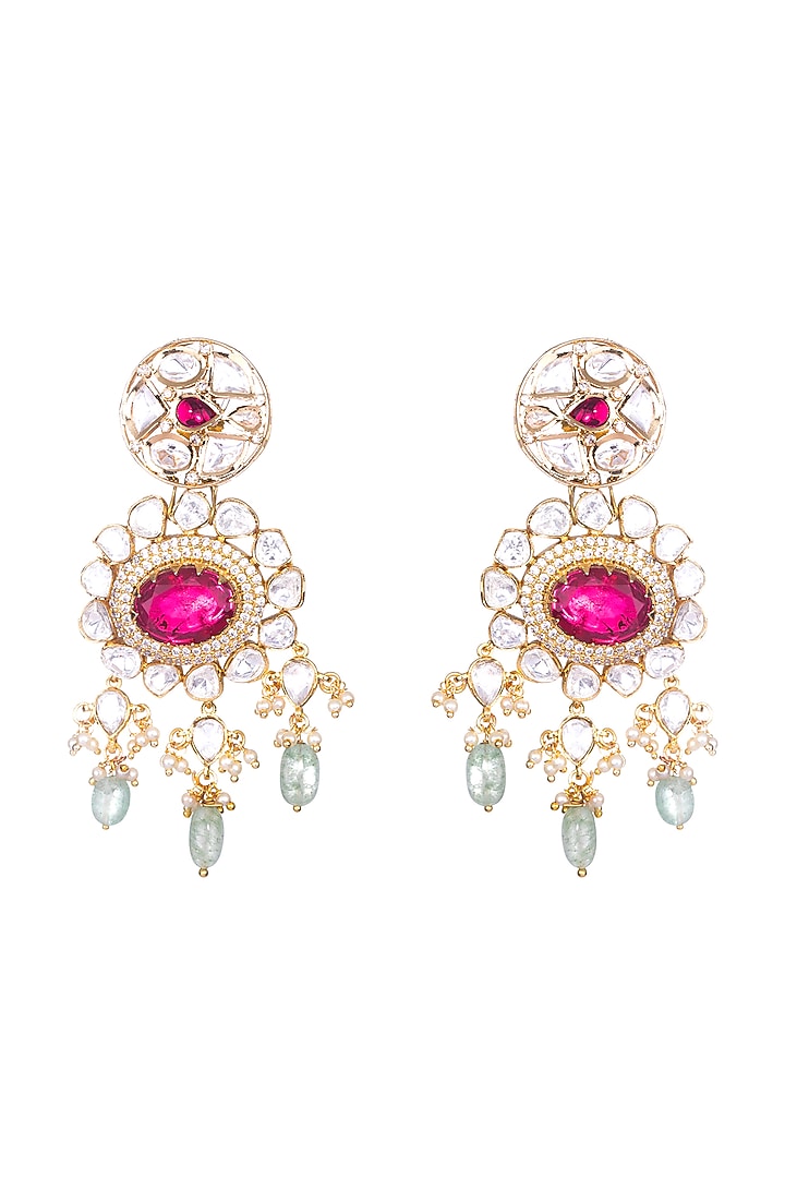 Gold Finish Kundan Polki & Red Semi-Precious Stone Dangler Earrings by Nayaab by Sonia at Pernia's Pop Up Shop