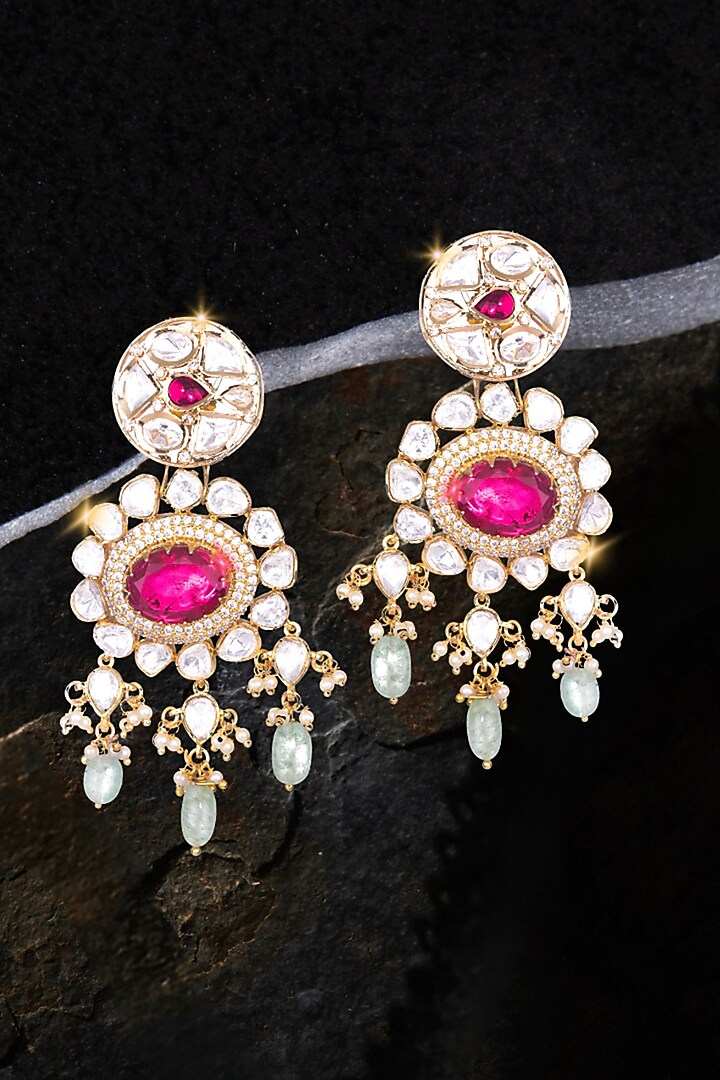 Gold Finish Kundan Polki & Red Semi-Precious Stone Dangler Earrings by Nayaab by Sonia at Pernia's Pop Up Shop