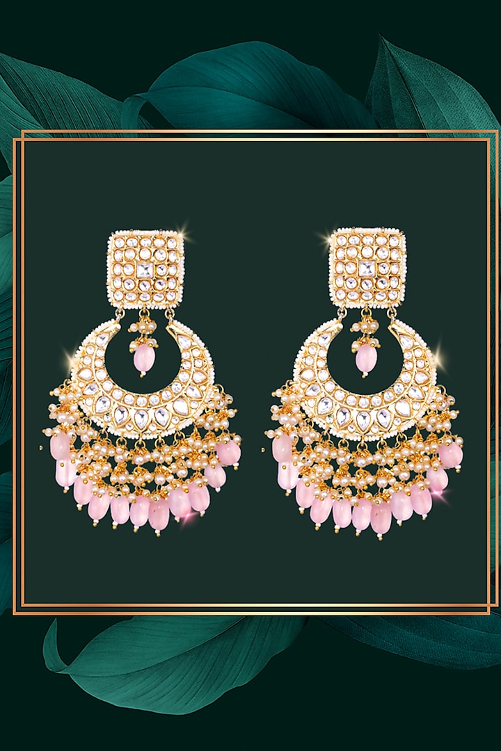 Gold Finish Kundan Polki & Red Semi-Precious Stone Chandbali Earrings by Nayaab by Sonia