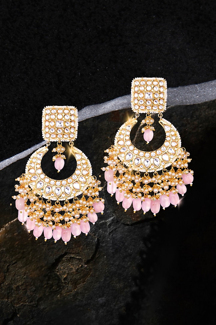 Gold Finish Kundan Polki & Red Semi-Precious Stone Chandbali Earrings by Nayaab by Sonia at Pernia's Pop Up Shop