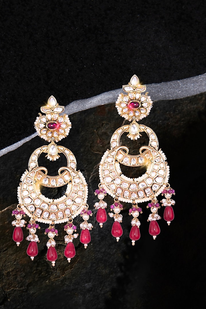 Gold Finish Red Kundan Polki Chandbali Earrings by Nayaab by Sonia