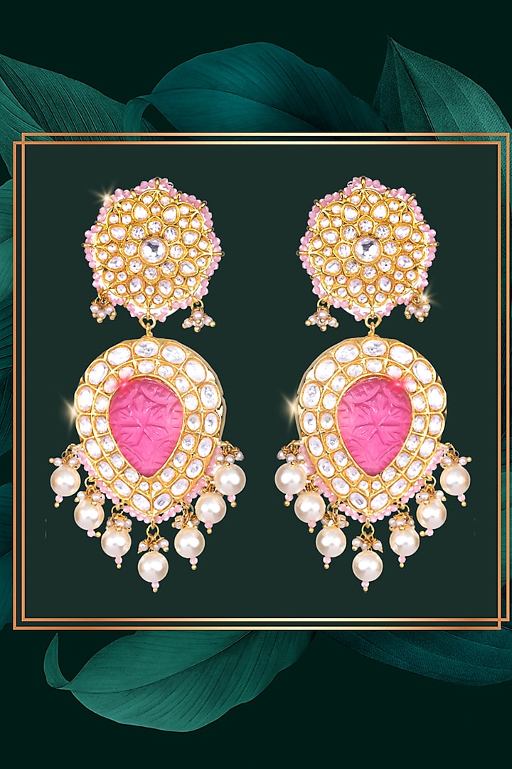 Gold Finish Red Kundan Polki Jadau Dangler Earrings by Nayaab by Sonia at Pernia's Pop Up Shop