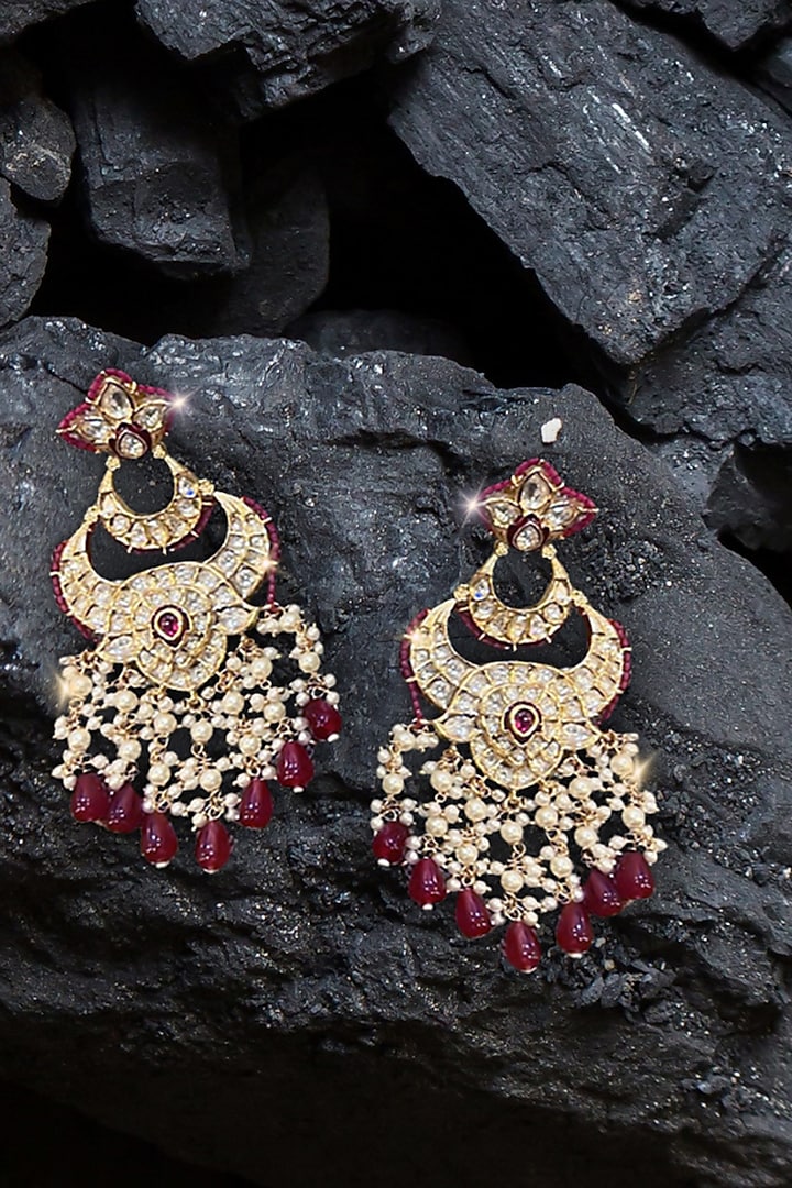 Gold Finish Red Kundan Polki Chandbali Earrings by Nayaab by Sonia at Pernia's Pop Up Shop