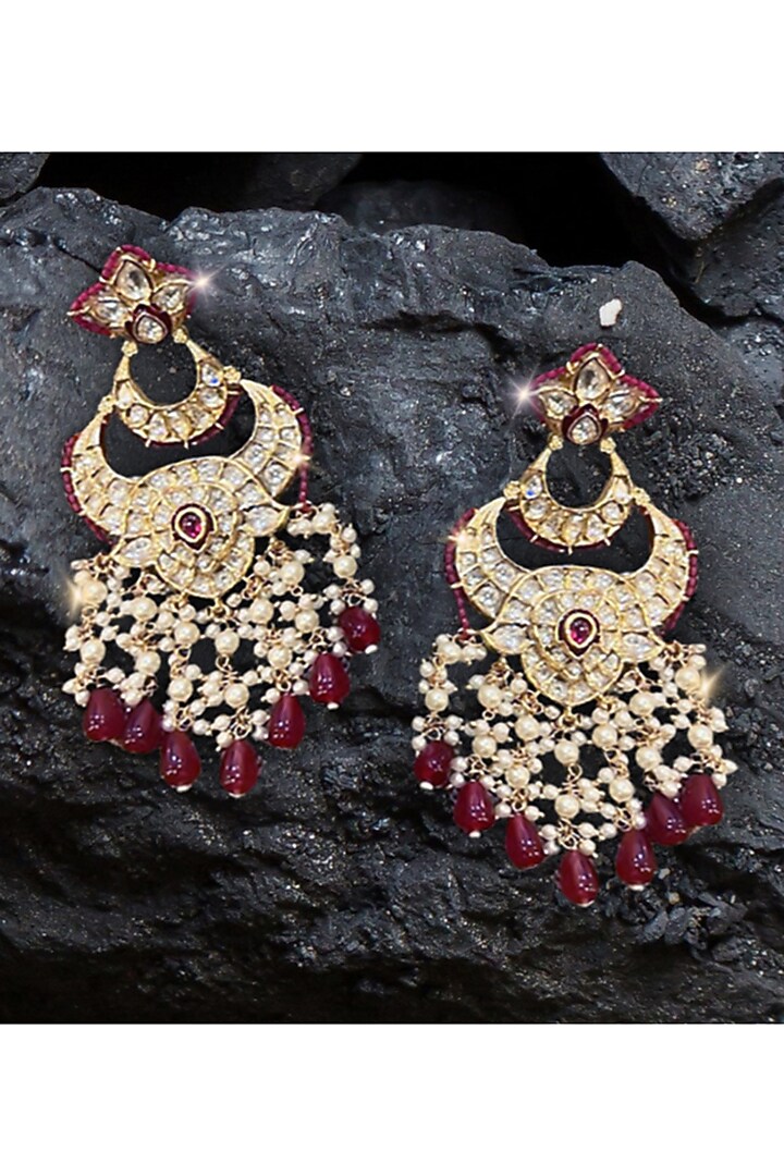 Gold Finish Red Kundan Polki Chandbali Earrings by Nayaab by Sonia at Pernia's Pop Up Shop