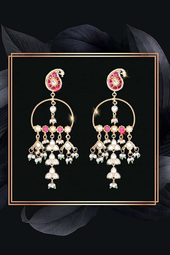 Gold Finish Kundan Polki & Red Semi-Precious Stone Jadau Chandbali Earrings by Nayaab by Sonia at Pernia's Pop Up Shop