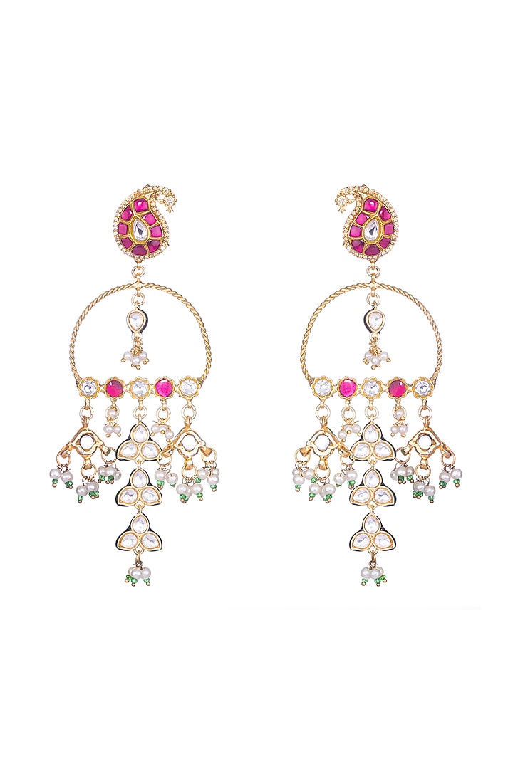 Gold Finish Kundan Polki & Red Semi-Precious Stone Jadau Chandbali Earrings by Nayaab by Sonia at Pernia's Pop Up Shop