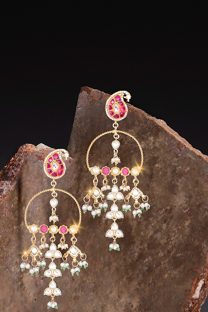 Gold Finish Kundan Polki & Red Semi-Precious Stone Jadau Chandbali Earrings by Nayaab by Sonia at Pernia's Pop Up Shop