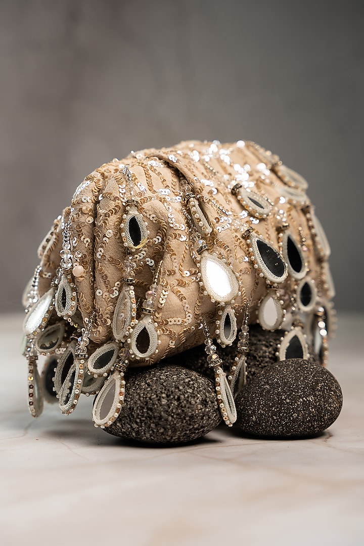 Off-White Silk Mirror Work Clutch by Nayaab by Sonia at Pernia's Pop Up Shop