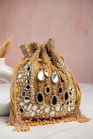 Gold Silk Mirror Work Potli by Nayaab by Sonia