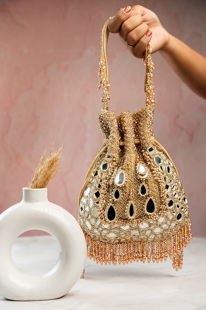 Gold Silk Mirror Work Potli by Nayaab by Sonia at Pernia's Pop Up Shop