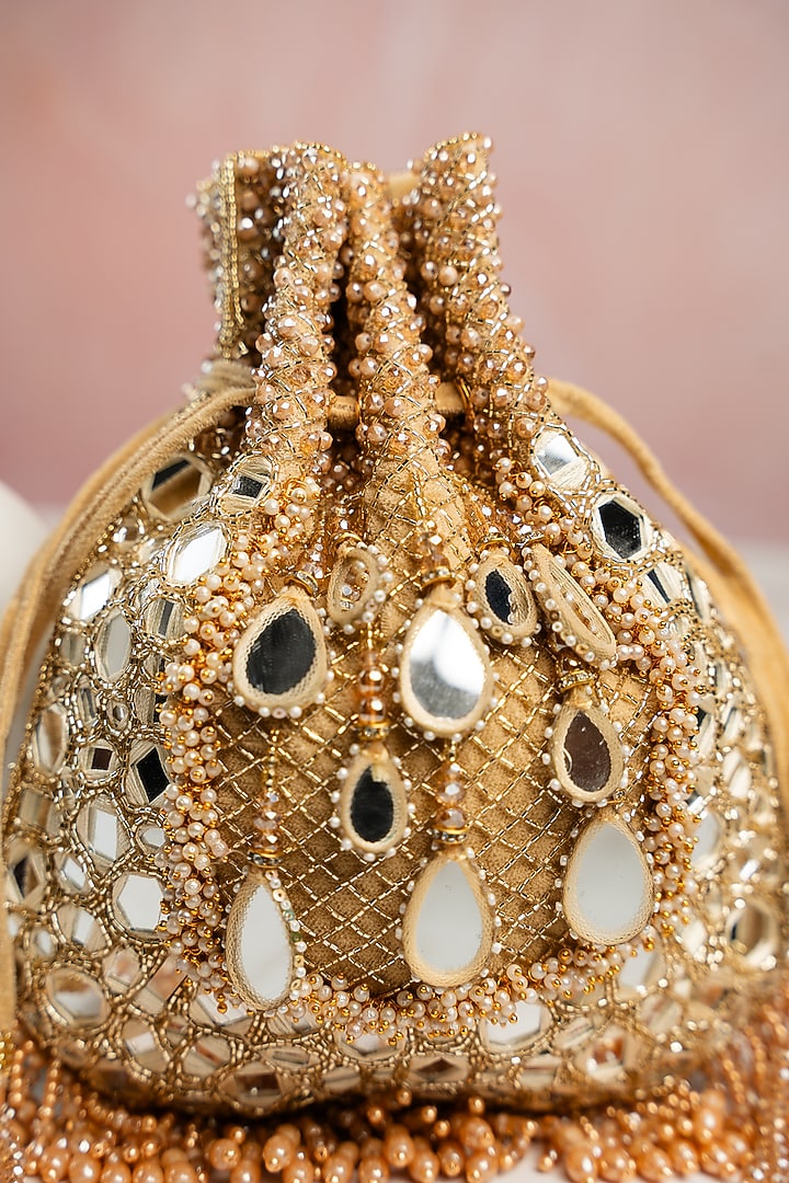 Gold Silk Mirror Work Potli by Nayaab by Sonia at Pernia's Pop Up Shop