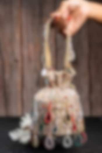 Off-White Silk Mirror Work Potli by Nayaab by Sonia at Pernia's Pop Up Shop