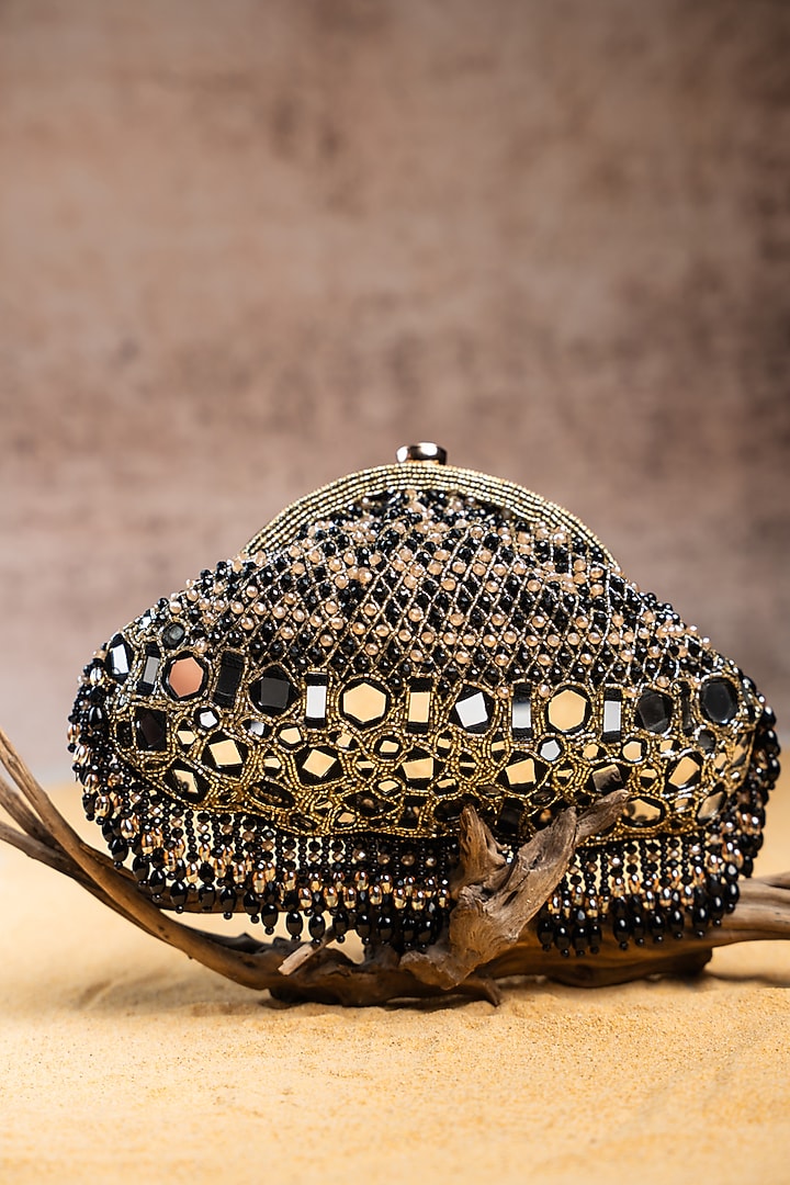 Black Silk Mirror Work Clutch by Nayaab by Sonia at Pernia's Pop Up Shop