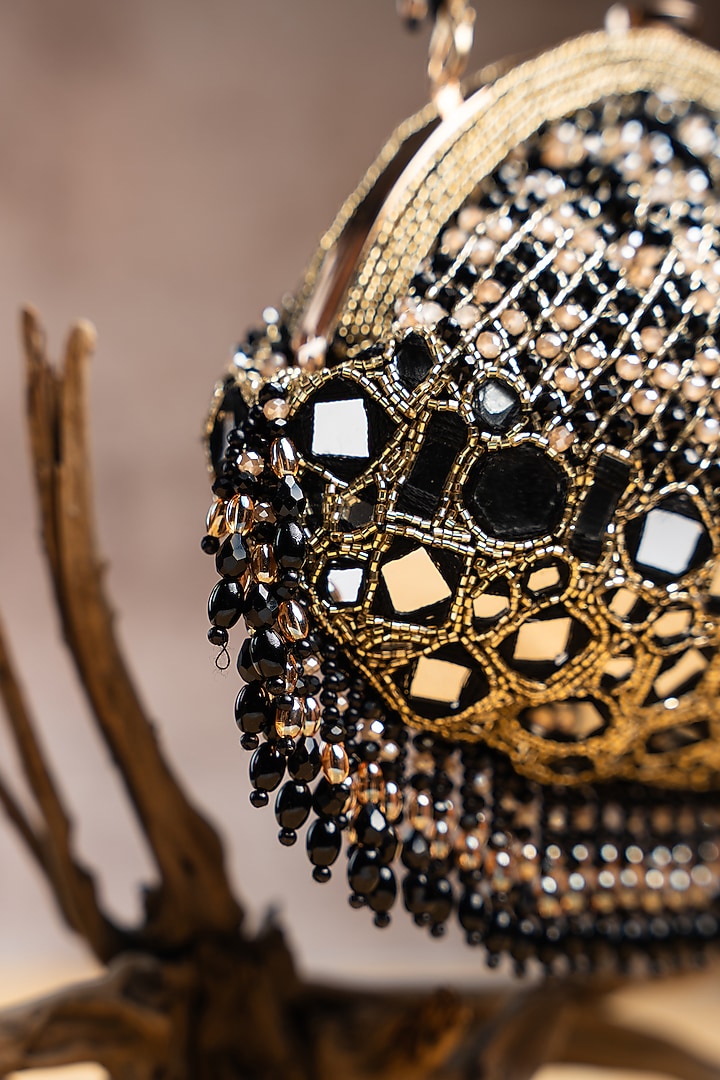 Black Silk Mirror Work Clutch by Nayaab by Sonia at Pernia's Pop Up Shop