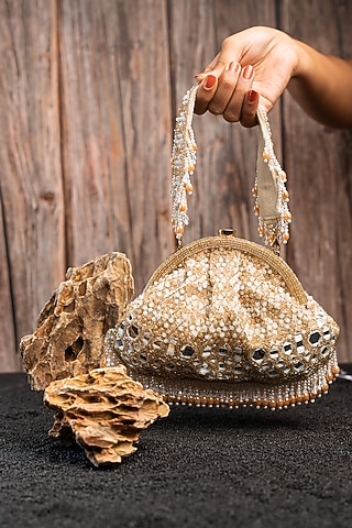 Gold Silk Mirror Work Clutch by Nayaab by Sonia