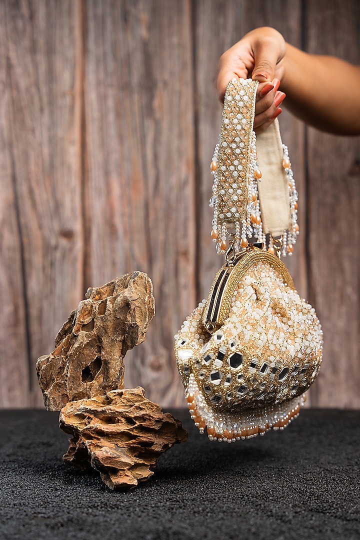 Gold Silk Mirror Work Clutch by Nayaab by Sonia at Pernia's Pop Up Shop