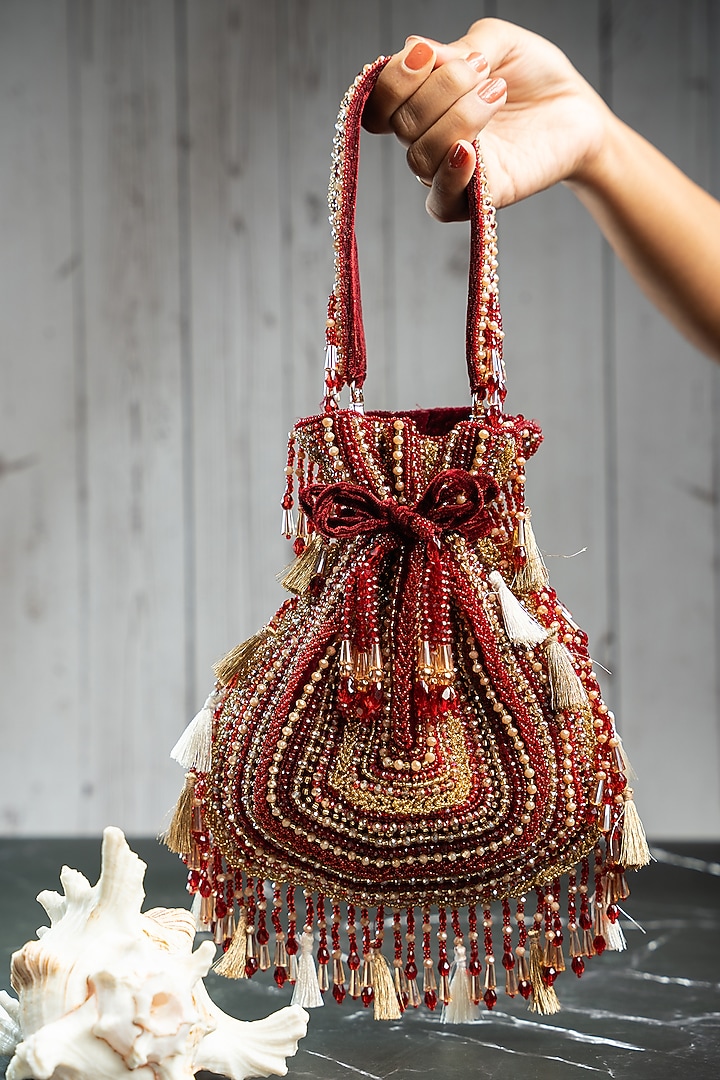 Red Silk Bead Work Potli by Nayaab by Sonia at Pernia's Pop Up Shop