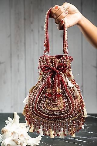 Red Silk Bead Work Potli by Nayaab by Sonia