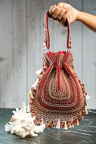 Maroon Silk Bead Work Potli by Nayaab by Sonia