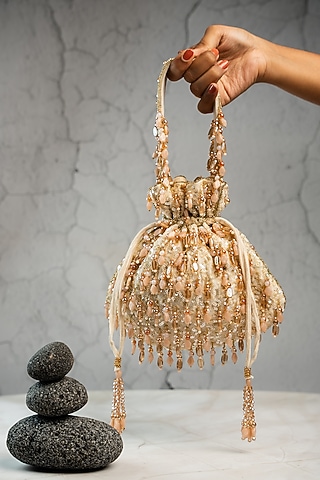 Cream Silk Bead Work Potli by Nayaab by Sonia