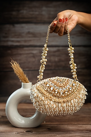 Cream & Gold Silk Bead Work Clutch by Nayaab by Sonia