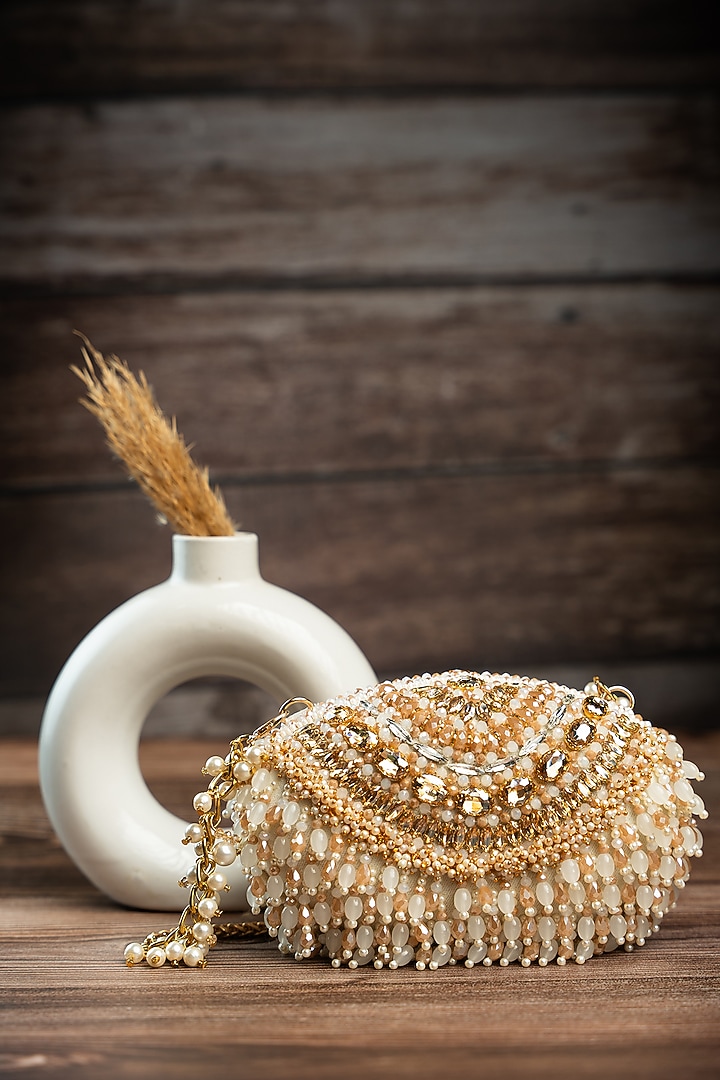Cream & Gold Silk Bead Work Clutch by Nayaab by Sonia at Pernia's Pop Up Shop