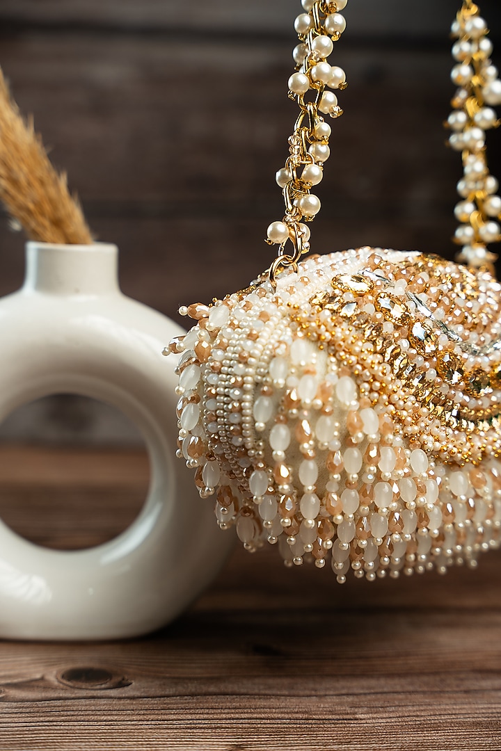 Cream & Gold Silk Bead Work Clutch by Nayaab by Sonia at Pernia's Pop Up Shop