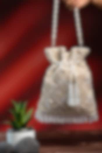 Off-White Silk Pearl Work Potli by Nayaab by Sonia at Pernia's Pop Up Shop