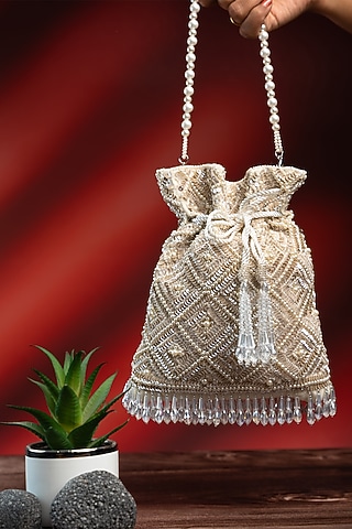 Off-White Silk Pearl Work Potli by Nayaab by Sonia