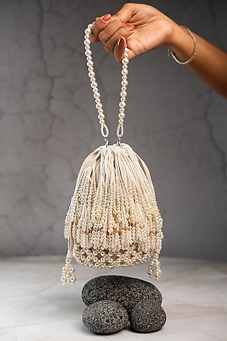 White Suede Bead Work Potli by Nayaab by Sonia