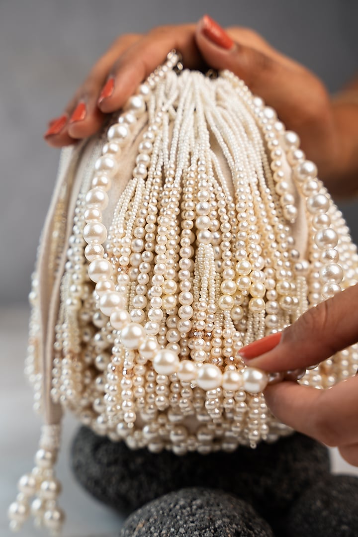 White Suede Bead Work Potli by Nayaab by Sonia at Pernia's Pop Up Shop