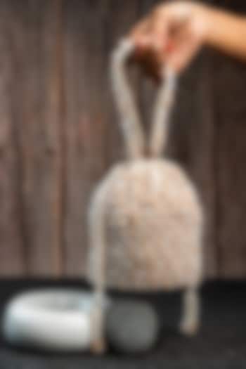 Cream & Gold Suede Bead Work Potli by Nayaab by Sonia at Pernia's Pop Up Shop