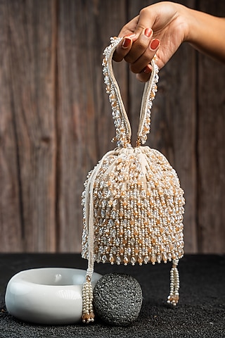 Cream & Gold Suede Bead Work Potli by Nayaab by Sonia