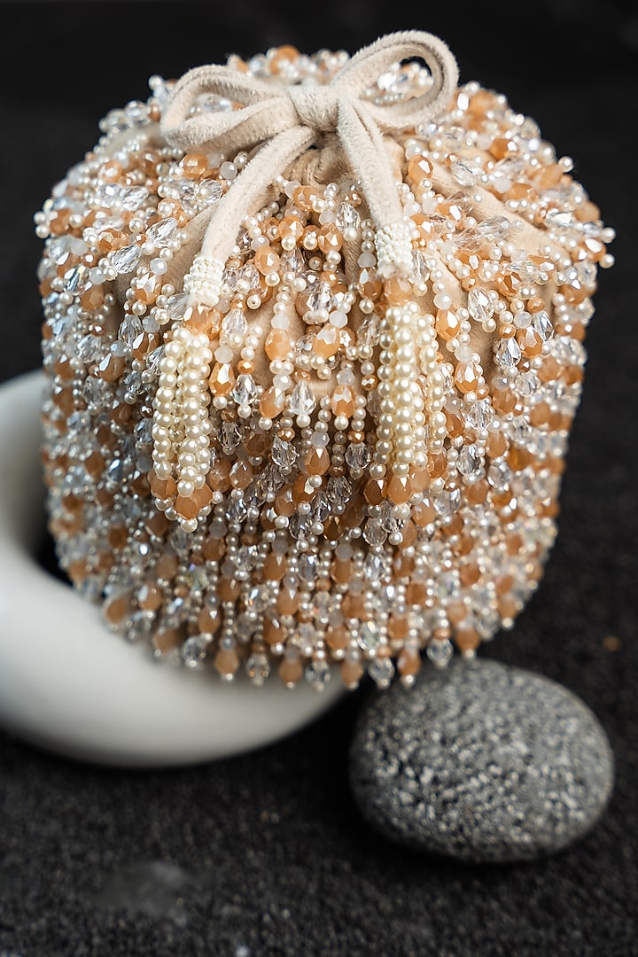 Cream & Gold Suede Bead Work Potli by Nayaab by Sonia at Pernia's Pop Up Shop
