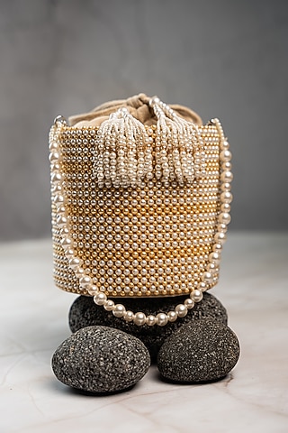 Cream & Gold Silk Bead Work Potli by Nayaab by Sonia