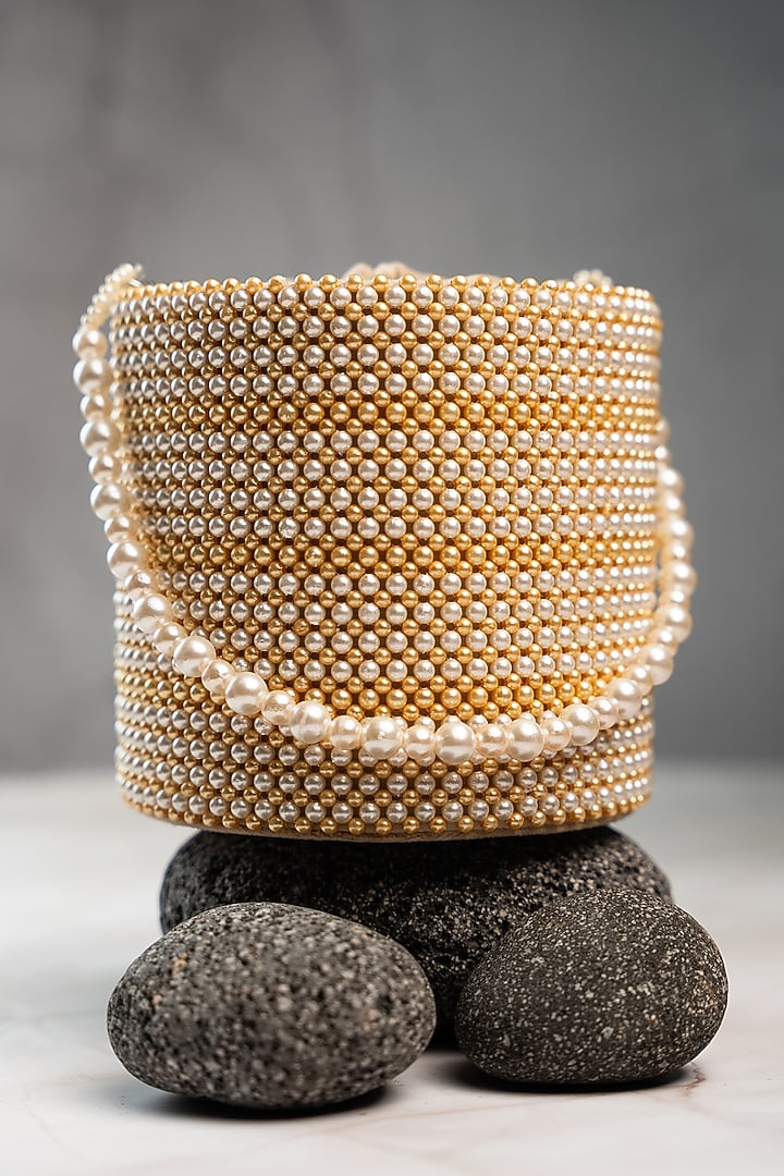 Cream & Gold Silk Bead Work Potli by Nayaab by Sonia at Pernia's Pop Up Shop